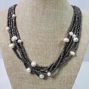 Jules Baroque Pearl & Gray Bead Necklace Multi Strand 22 Inch